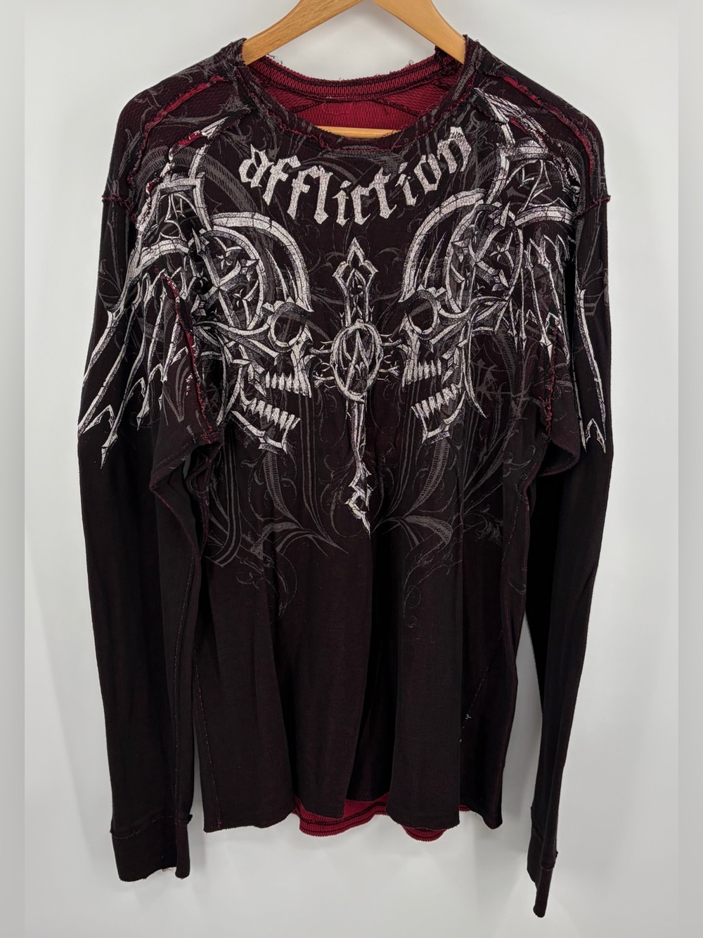 Affliction vintage reversible thermal long sleeve shirt skeletal cross men’s XXL